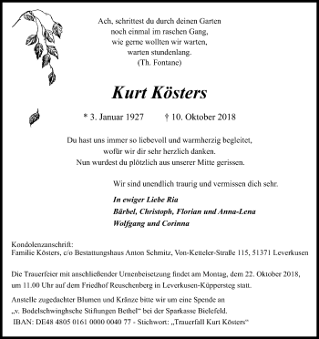 Anzeige von Kurt Kösters von Kölner Stadt-Anzeiger / Kölnische Rundschau / Express