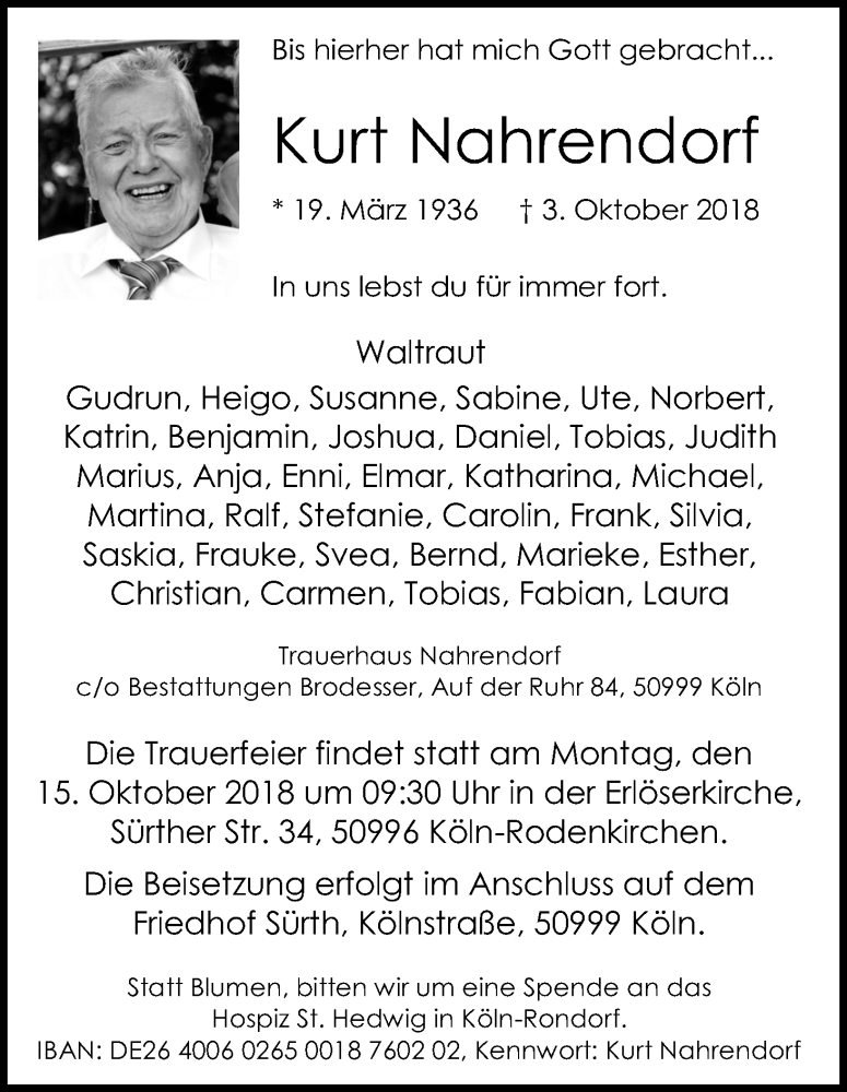  Traueranzeige für Kurt Nahrendorf vom 10.10.2018 aus Kölner Stadt-Anzeiger / Kölnische Rundschau / Express