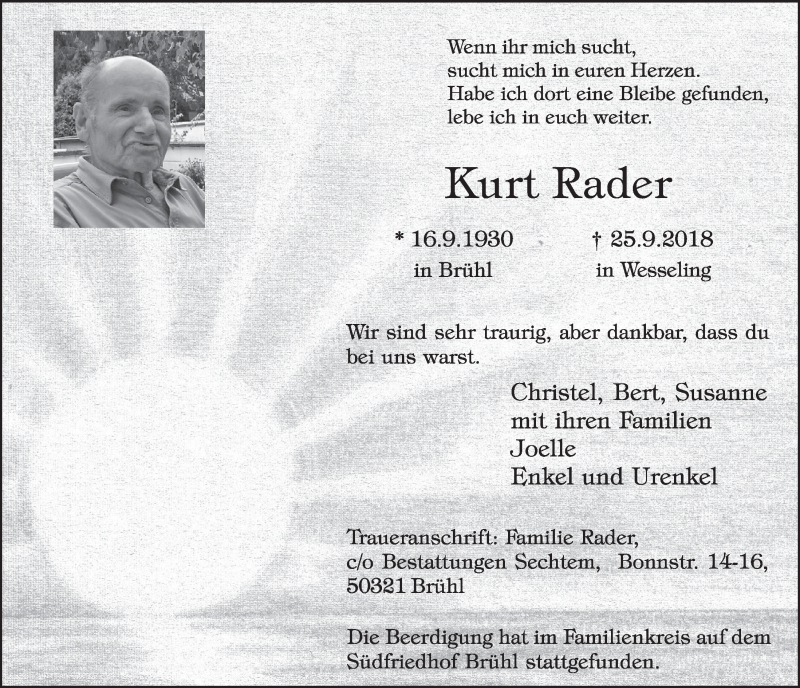  Traueranzeige für Kurt Rader vom 10.10.2018 aus  Schlossbote/Werbekurier 