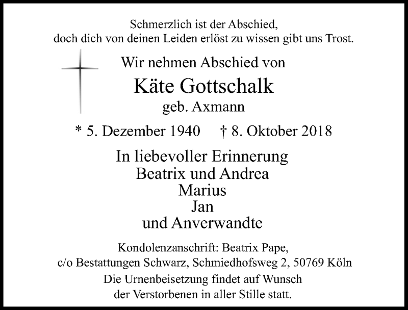  Traueranzeige für Käte Gottschalk vom 17.10.2018 aus  Kölner Wochenspiegel 