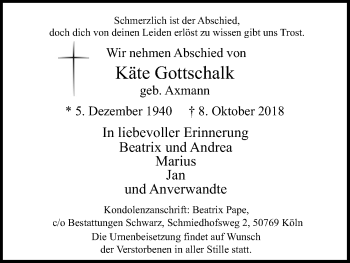 Anzeige von Käte Gottschalk von Kölner Stadt-Anzeiger / Kölnische Rundschau / Express