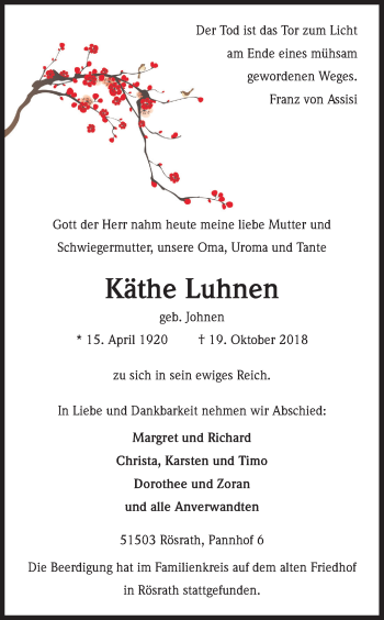 Anzeige von Käthe Luhnen von Kölner Stadt-Anzeiger / Kölnische Rundschau / Express