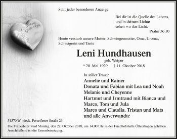 Anzeige von Leni Hundhausen von  Lokalanzeiger 