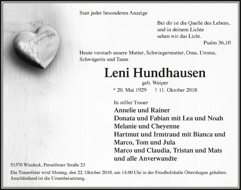  Traueranzeige für Leni Hundhausen vom 17.10.2018 aus  Lokalanzeiger 