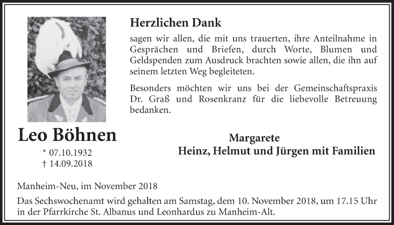  Traueranzeige für Leo Böhnen vom 27.10.2018 aus  Sonntags-Post 