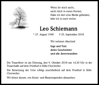 Anzeige von Leo Schiemann von Kölner Stadt-Anzeiger / Kölnische Rundschau / Express