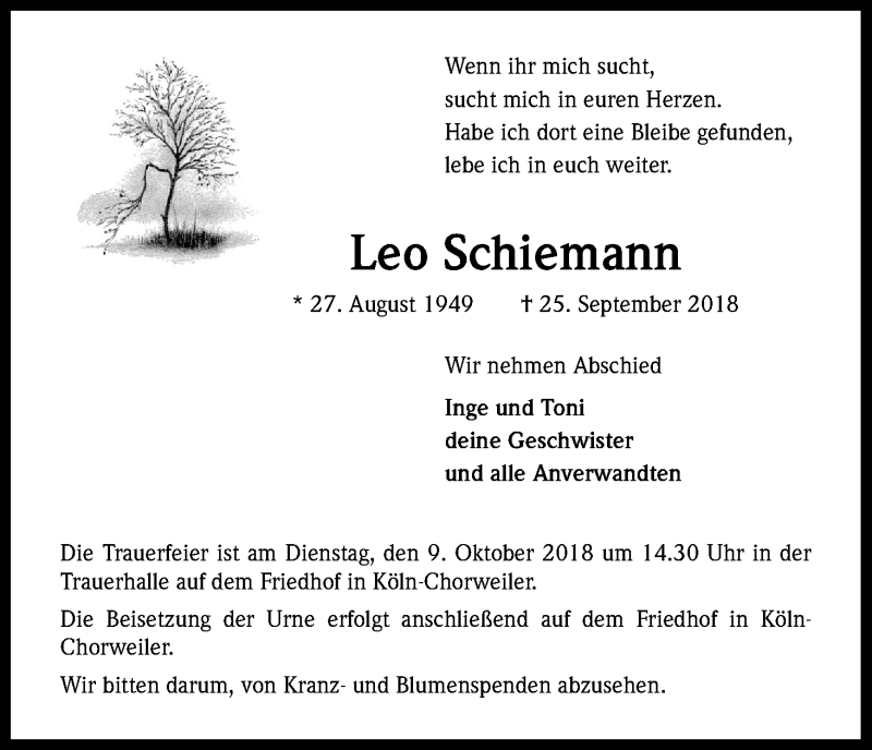  Traueranzeige für Leo Schiemann vom 06.10.2018 aus Kölner Stadt-Anzeiger / Kölnische Rundschau / Express