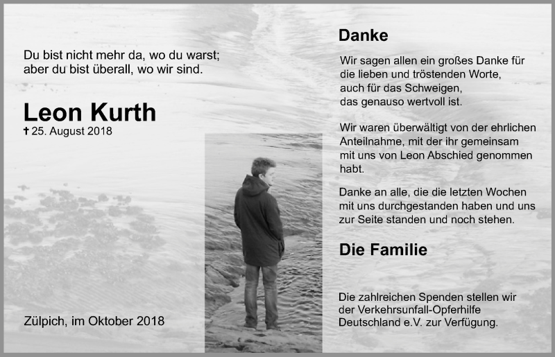  Traueranzeige für Leon Kurth vom 06.10.2018 aus  Blickpunkt Euskirchen 