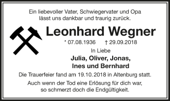 Anzeige von Leonhard Wegner von  Leverkusener Wochenende 