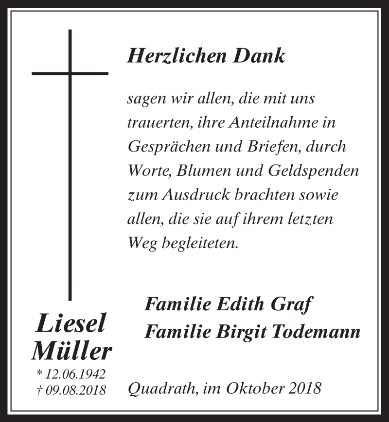 Traueranzeige für Liesel Müller vom 03.10.2018 aus  Werbepost 