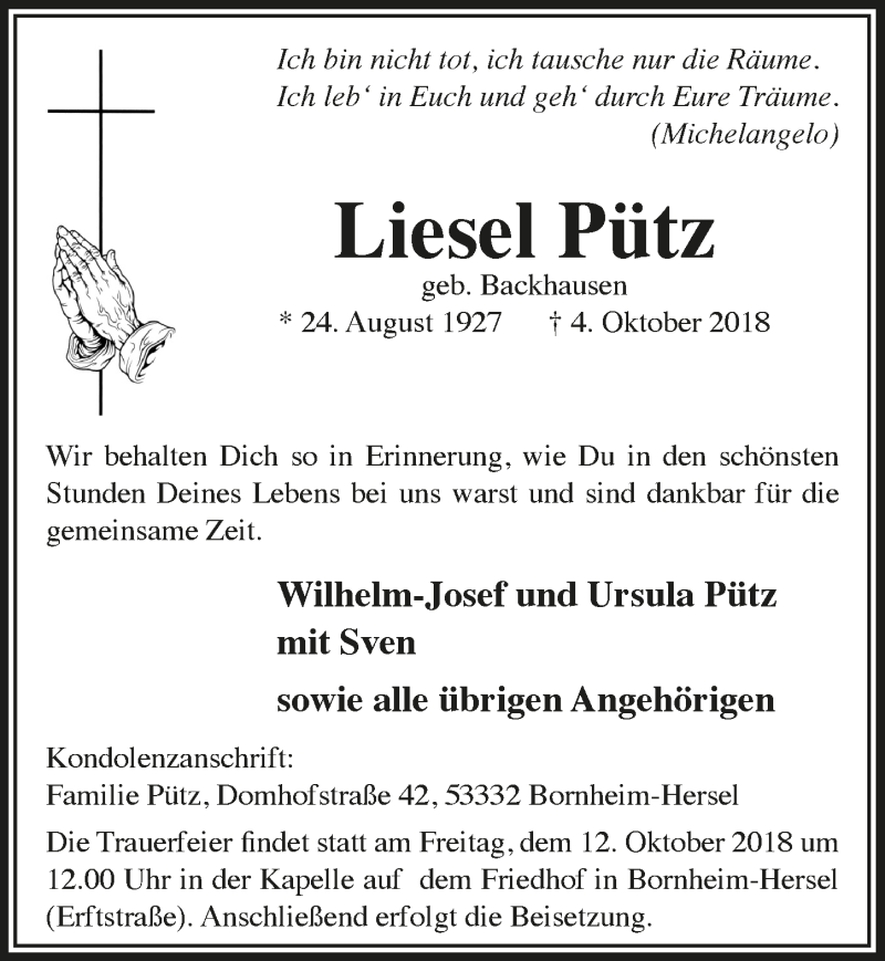  Traueranzeige für Liesel Pütz vom 10.10.2018 aus  Schaufenster/Blickpunkt 