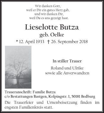 Anzeige von Lieselotte Butza von  Werbepost 