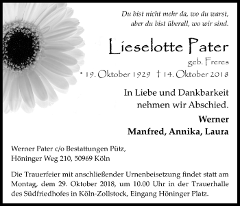 Anzeige von Lieselotte Pater von Kölner Stadt-Anzeiger / Kölnische Rundschau / Express