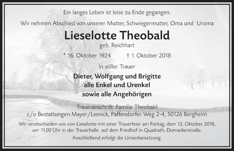  Traueranzeige für Lieselotte Theobald vom 06.10.2018 aus  Sonntags-Post 