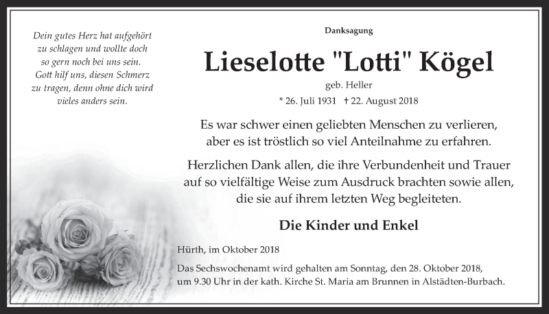  Traueranzeige für Lieselotte Lotti Kögel vom 17.10.2018 aus  Wochenende 
