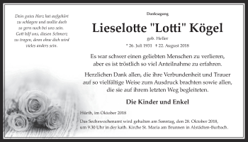 Anzeige von Lieselotte Lotti Kögel von  Wochenende 