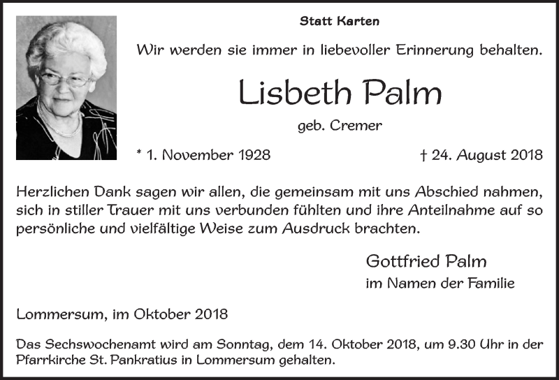  Traueranzeige für Lisbeth Palm vom 06.10.2018 aus  Blickpunkt Euskirchen 
