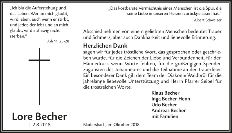  Traueranzeige für Lore Becher vom 24.10.2018 aus  Lokalanzeiger 