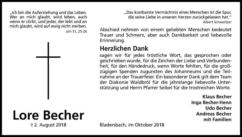  Traueranzeige für Lore Becher vom 27.10.2018 aus Kölner Stadt-Anzeiger / Kölnische Rundschau / Express