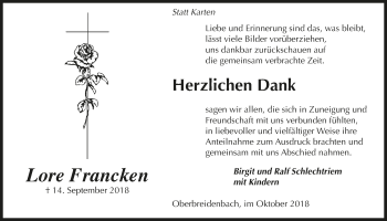 Anzeige von Lore Francken von  Lokalanzeiger 