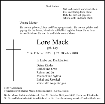 Anzeige von Lore Mack von Kölner Stadt-Anzeiger / Kölnische Rundschau / Express