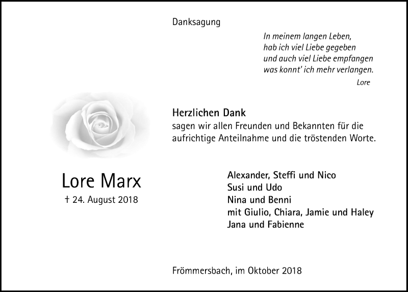  Traueranzeige für Lore Marx vom 03.10.2018 aus  Anzeigen Echo 