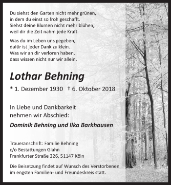 Anzeige von Lothar Behning von  Kölner Wochenspiegel 