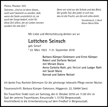 Anzeige von Lottchen Seinsch von Kölner Stadt-Anzeiger / Kölnische Rundschau / Express