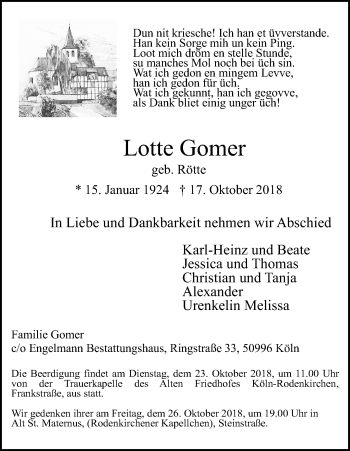 Anzeige von Lotte Gomer von Kölner Stadt-Anzeiger / Kölnische Rundschau / Express