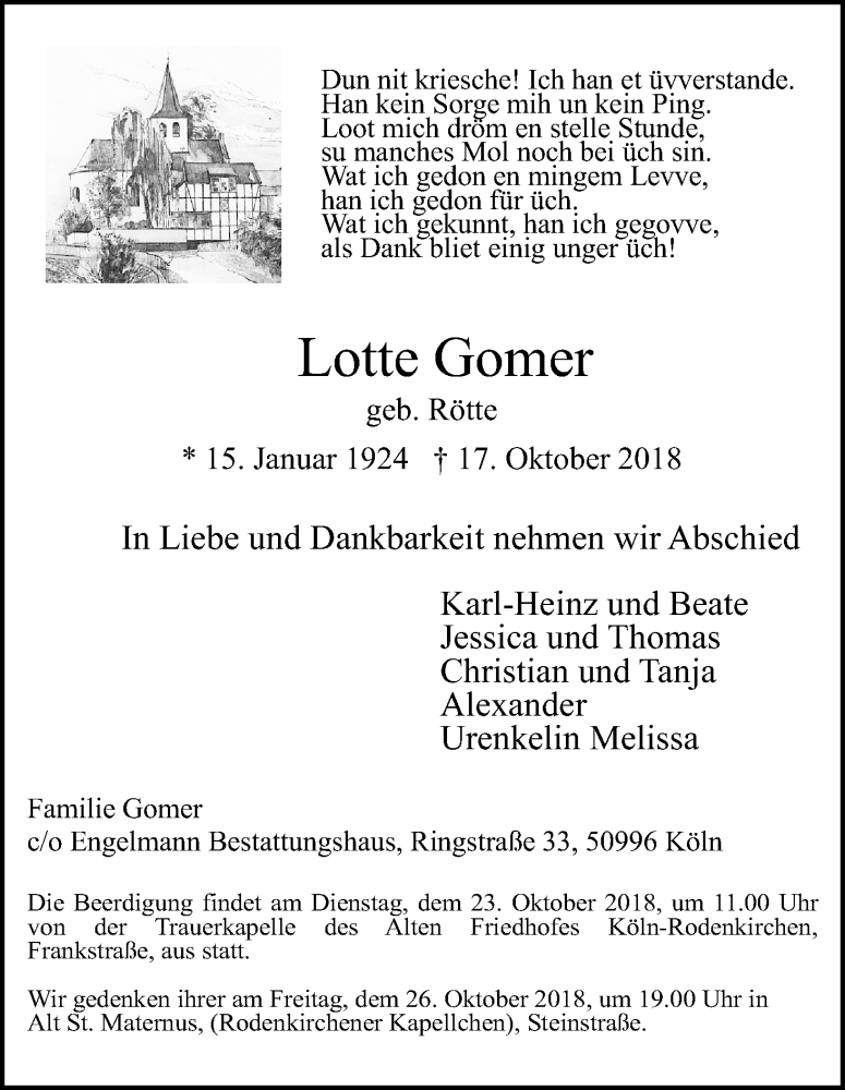  Traueranzeige für Lotte Gomer vom 20.10.2018 aus Kölner Stadt-Anzeiger / Kölnische Rundschau / Express