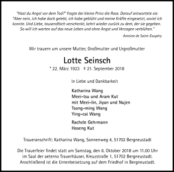 Anzeige von Lotte Seinsch von Kölner Stadt-Anzeiger / Kölnische Rundschau / Express