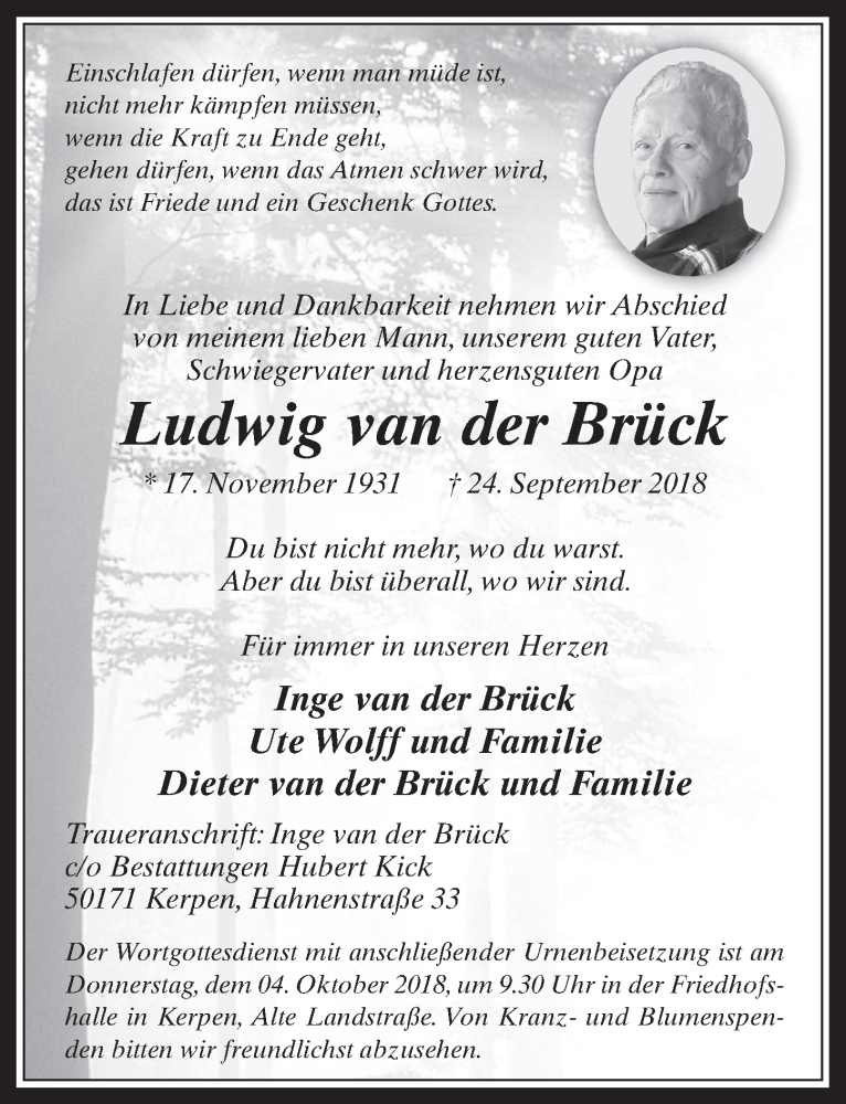  Traueranzeige für Ludwig van der Brück vom 03.10.2018 aus  Werbepost 