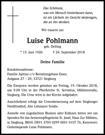 Anzeige von Luise Pohlmann von Kölner Stadt-Anzeiger / Kölnische Rundschau / Express