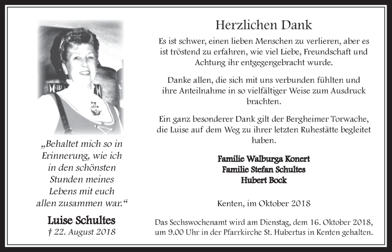  Traueranzeige für Luise Schultes vom 10.10.2018 aus  Werbepost 