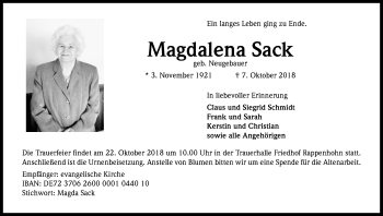 Anzeige von Magdalena Sack von Kölner Stadt-Anzeiger / Kölnische Rundschau / Express