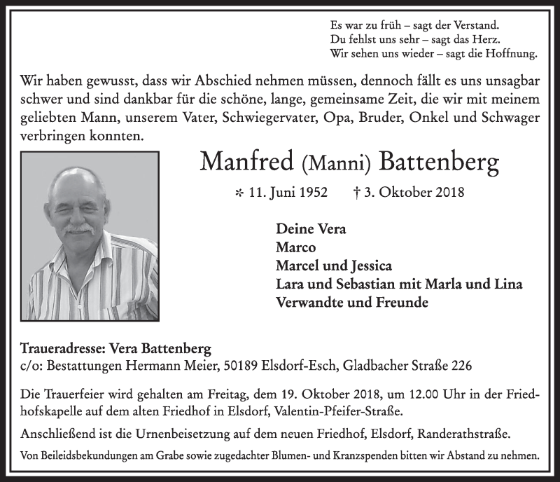  Traueranzeige für Manfred Battenberg vom 13.10.2018 aus  Sonntags-Post 