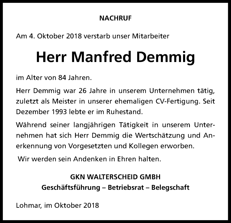  Traueranzeige für Manfred Demmig vom 13.10.2018 aus Kölner Stadt-Anzeiger / Kölnische Rundschau / Express