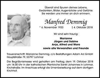 Anzeige von Manfred Demmig von Kölner Stadt-Anzeiger / Kölnische Rundschau / Express