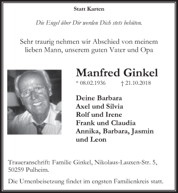 Anzeige von Manfred Ginkel von  Wochenende 