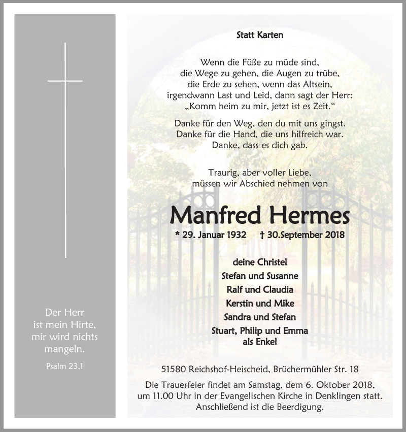  Traueranzeige für Manfred Hermes vom 03.10.2018 aus Kölner Stadt-Anzeiger / Kölnische Rundschau / Express