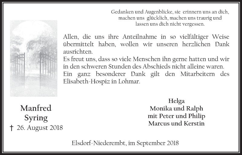  Traueranzeige für Manfred Syring vom 10.10.2018 aus  Werbepost 