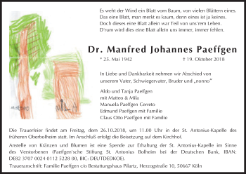 Anzeige von Manfred Johannes Paeffgen von Kölner Stadt-Anzeiger / Kölnische Rundschau / Express