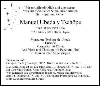 Anzeige von Manuel  Ubeda y Tschöpe von Kölner Stadt-Anzeiger / Kölnische Rundschau / Express