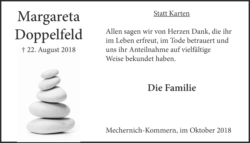  Traueranzeige für Margareta Doppelfeld vom 06.10.2018 aus  Blickpunkt Euskirchen 