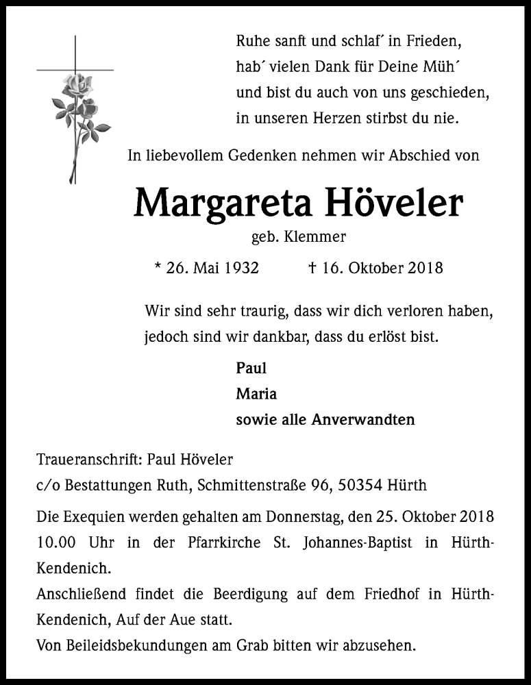  Traueranzeige für Margareta Höveler vom 20.10.2018 aus Kölner Stadt-Anzeiger / Kölnische Rundschau / Express