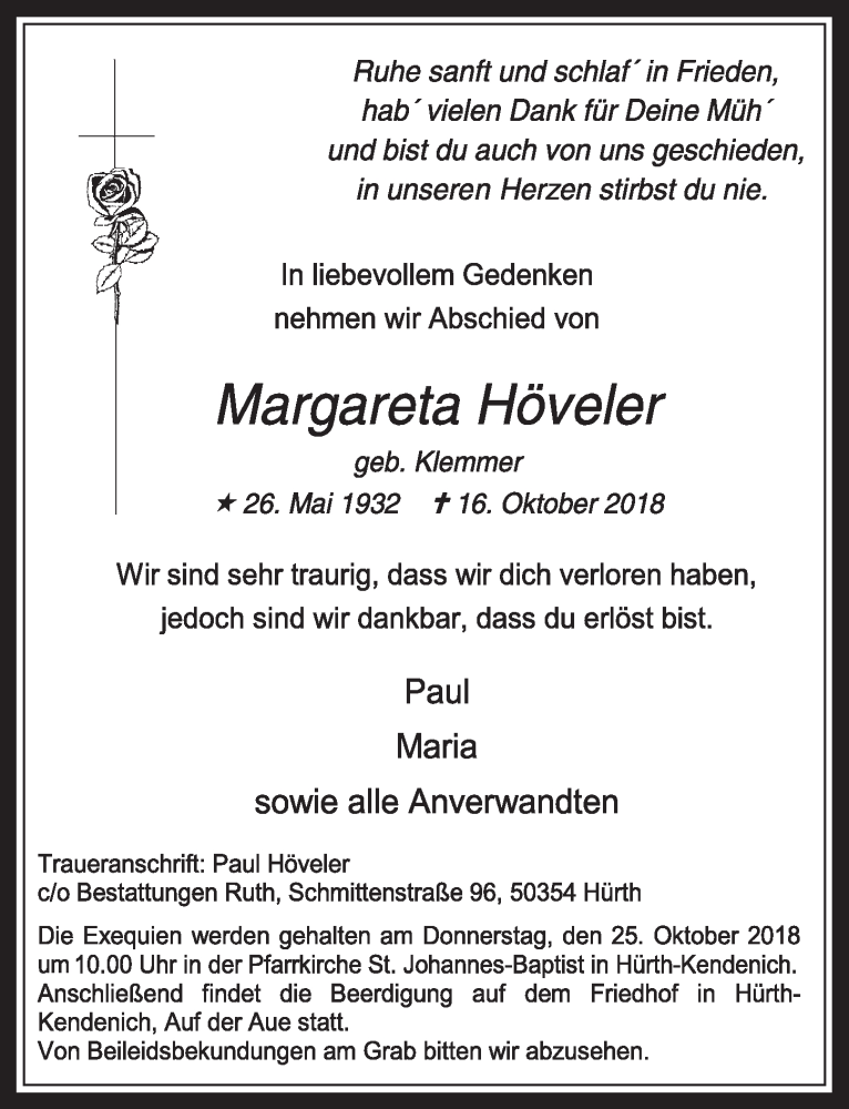  Traueranzeige für Margareta Höveler vom 24.10.2018 aus  Wochenende 