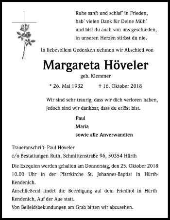 Anzeige von Margareta Höveler von Kölner Stadt-Anzeiger / Kölnische Rundschau / Express
