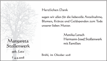 Anzeige von Margareta Stollenwerk von  Schlossbote/Werbekurier 