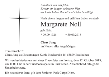 Anzeige von Margarete Noll von  Blickpunkt Euskirchen 