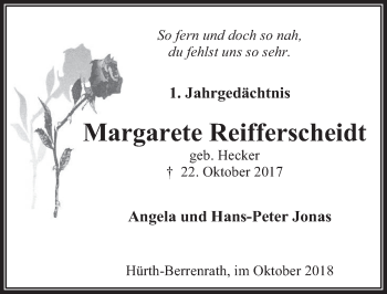 Anzeige von Margarete Reifferscheidt von  Wochenende 